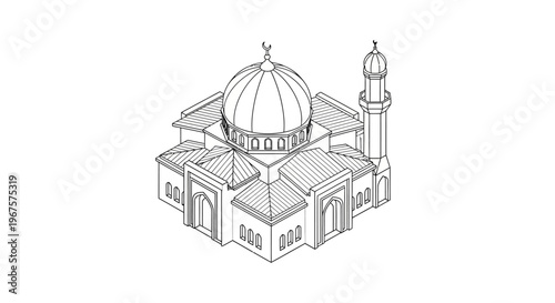 Isometric Line Art Drawing of a Mosque with Dome and Minaret.