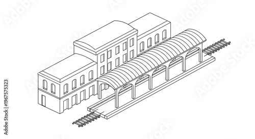 Isometric Line Art Drawing of a Train Station with Tracks and Platform.