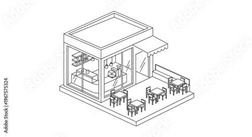 Isometric Line Art Drawing of a Small Cafe with Outdoor Seating.