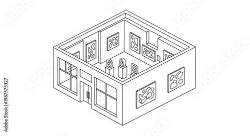 Isometric line art drawing of an art gallery interior with various artworks displayed on walls and pedestals.