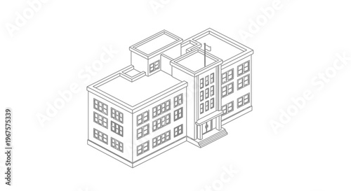 Isometric Line Art Illustration of a Detailed School Building.