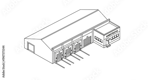 Isometric Line Art Illustration of a Warehouse Building.