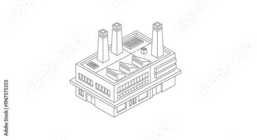 Isometric line drawing of a factory building with multiple smokestacks.