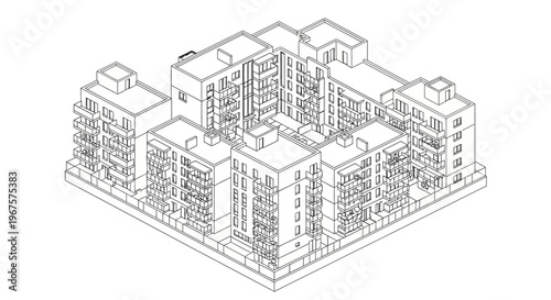 Isometric Outline Drawing of a Modern Residential Building Complex.
