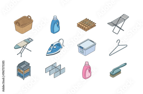 Collection of laundry and household cleaning supplies and accessories