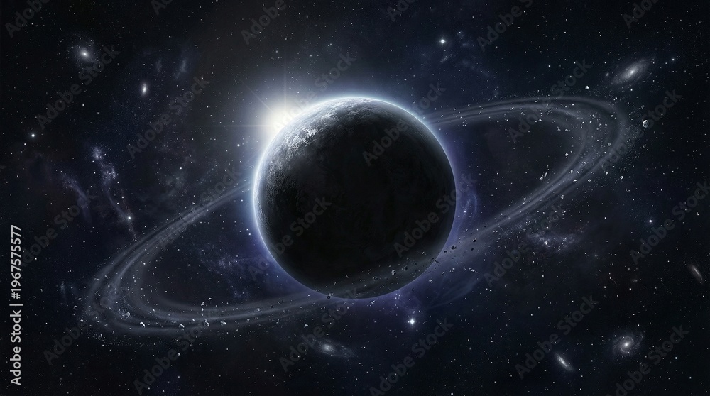 Obraz premium Dark planet in space with bright light and cosmic dust A celestial body surrounded by stardust