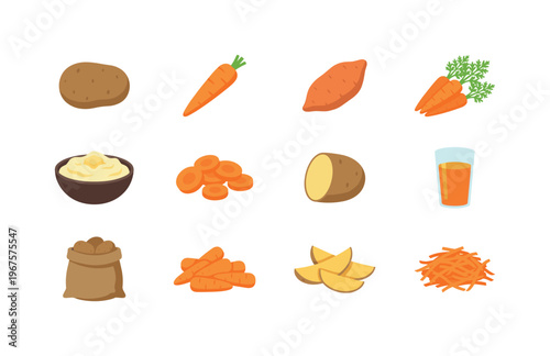 Collection of potatoes and carrots in various forms and preparations