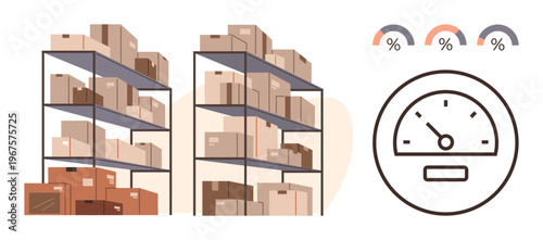 Warehouse management, logistics, supply chain, inventory control, efficiency, fulfillment process. Shelves filled with boxes next to a speedometer graphic. Warehouse management and logistics concept