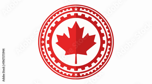 Canadian Maple Leaf Emblem with Industrial Gear Border - Symbol of National Identity and Industry