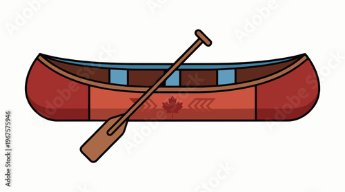 Illustration of a classic red canoe with a paddle, perfect for summer water adventures and outdoor recreation on lakes or rivers