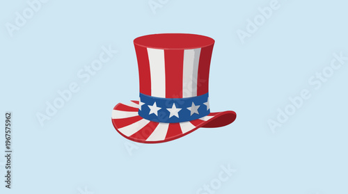 Stylized graphic illustration of a patriotic top hat featuring iconic red and white stripes with a blue band adorned with white stars, representing American spirit and national celebrations