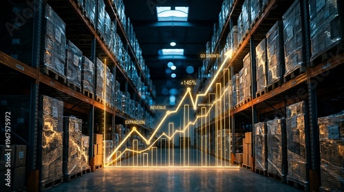 Visualizing business growth and efficient supply chain management an upward-trending digital graph overlaid on a modern warehouse filled with stocked inventory