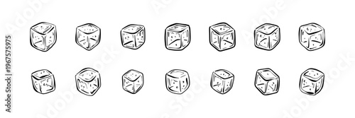Set of ice cube doodle outline icons. Sugar, sea salt square block. Cold drink outline design elements. Black sketch hand drawn crayon, pen, pencil, ink vector illustration. Fresh water frozen crystal