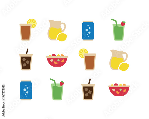 Collection of refreshing drinks and fruit salad icons for summer refreshment