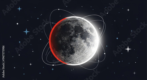 Full Moon illuminated with red glow and orbiting rings in starry night sky.