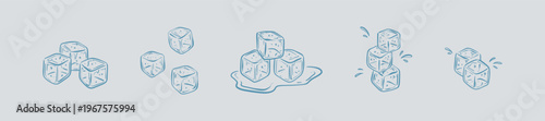 Hand drawn crayon sketch ice cubes in cold blue water. Cold drink freezing. Ice block pyramid, tower, building. Sugar falling into liquid splash. Doodle outline icon set freehand vector illustration