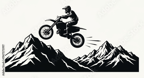 Motocross rider jumps over rocky mountains in silhouette.