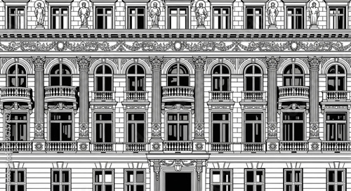 Ornate architectural facade with repeating windows and decorative elements.