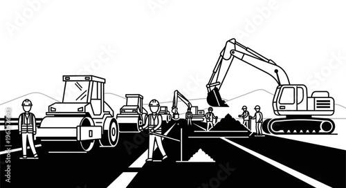 Construction workers and heavy machinery working on road construction project.