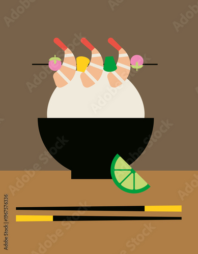 Rice Bowl with Chopsticks, Shrimp Skewer and Lemon Slice