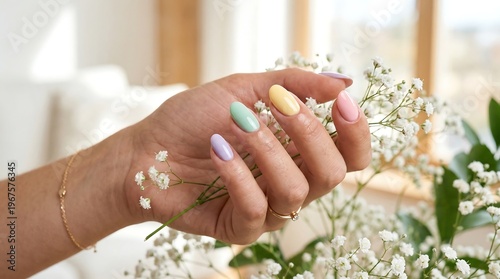 Elegant Hand with Trendy Pastel Manicure Holding Delicate Baby's Breath Flowers, Perfect for Spring Beauty and Wellness Concepts