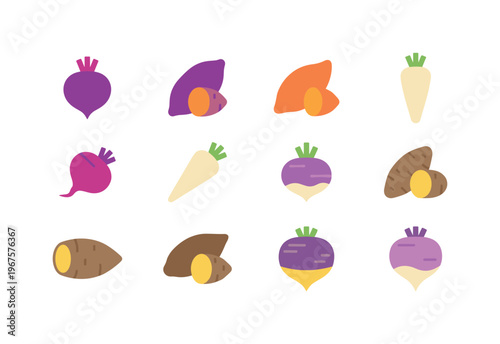 Collection of colorful root vegetables icons including beets, sweet potatoes, carrots, and turnips