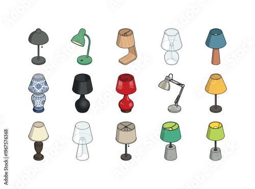 Collection of diverse isometric desk and table lamps in various styles and colors