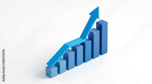 3D rendered graphic depicting a blue bar chart with a prominent upward-trending arrow, symbolizing business growth, financial success, market expansion, and positive economic progress