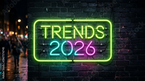 Illuminated 'TRENDS 2026' neon sign glowing brightly against a dark, blurry urban cityscape, symbolizing future directions and modern outlook in a dynamic metropolitan setting