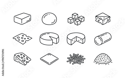 Cheddar cheese block, mozzarella ball, feta cheese cubes, swiss cheese slice, brie wheel, camembert wedge, parmesan wedge, blue