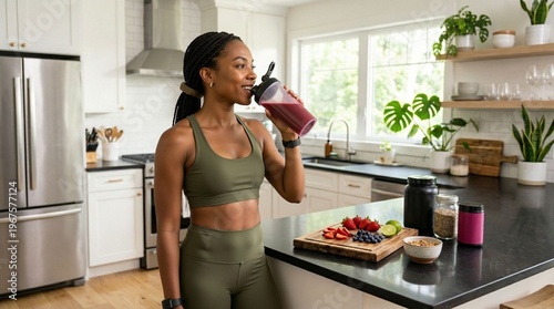 Fit woman drinks healthy smoothie in modern kitchen after workout with fruits and supplements nearby