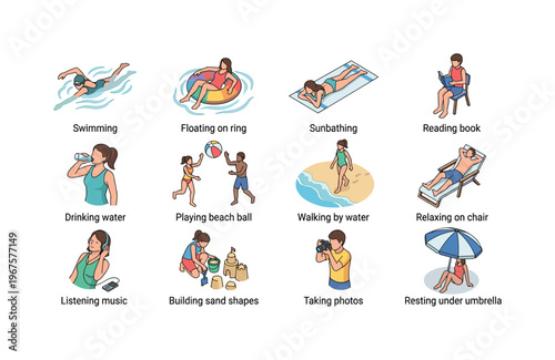 Beach activities including sunbathing, swimming, playing ball, building sandcastle, reading book, relaxing on chair, walking on