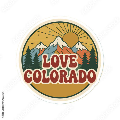 Retro mountain sticker illustration featuring LOVE COLORADO in bold rounded typography, surrounded by snow-capped peaks, pine
