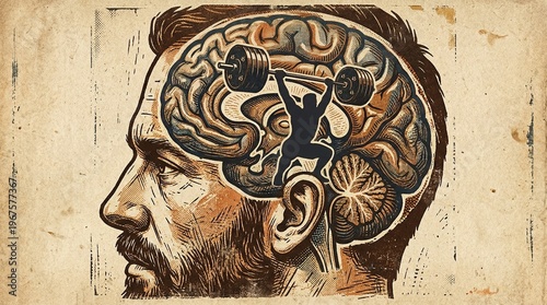 Conceptual illustration of mental exertion and strength training within a human mind