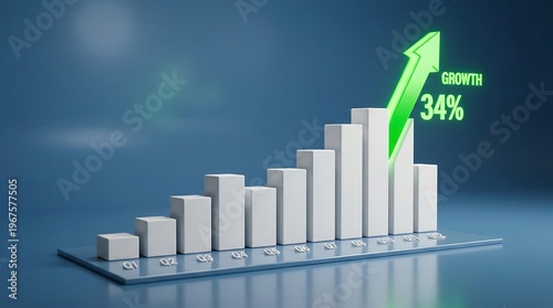 Dynamic 3D bar graph visualizing strong business growth and financial prosperity. Upward trend with percentage increase symbolizes market success and economic progress