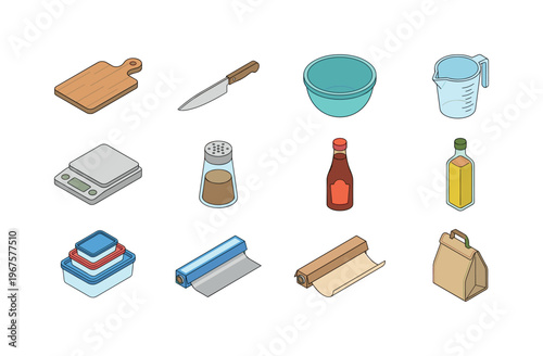 Collection of kitchen tools and food preparation items in isometric view
