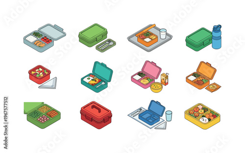 Collection of diverse lunchboxes filled with various meals and snacks