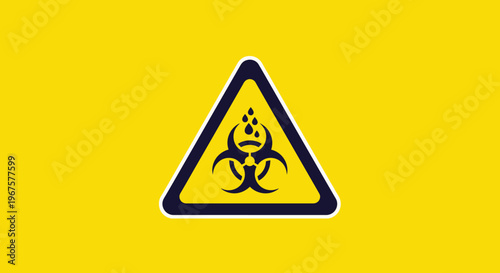 Blue Bordered Triangular Biohazard Warning Sign with Black Symbol on a Solid Yellow Background.