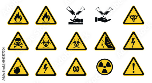 Comprehensive Set of Yellow Triangle Hazard Warning Signs with Black Symbols on Light Gray Background