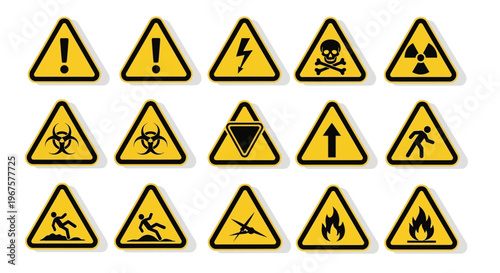 Comprehensive set of yellow triangular hazard warning signs with black symbols including exclamation mark, electrical, toxic, biohazard, radiation, and falling person on an isolated white background.