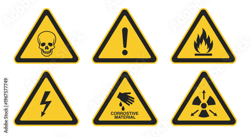 Essential yellow triangular warning signs set including toxic, exclamation mark, fire, electrical, corrosive material, and radiation symbols on an isolated white background.