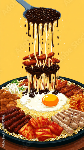 Delicious Korean Bibimbap Dish With Fried Egg And Meat Toppings For Food Concepts