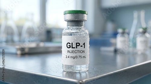 Vial of GLP-1 medication on a laboratory workbench, representing pharmaceutical research, drug development, and advancements in medical treatment