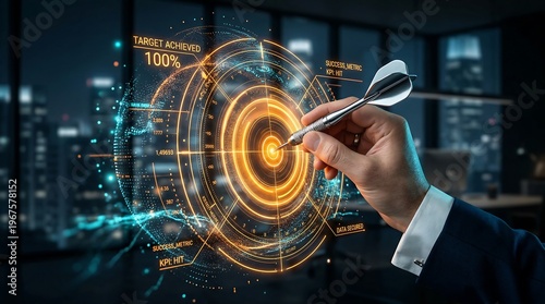 Precision targeting for business success A hand aims a dart at a futuristic holographic display, symbolizing strategic goal achievement, data analysis, and corporate vision