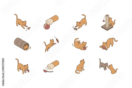 Cat play activities including chasing toy, batting ball, pouncing mouse, scratching post, hiding in tunnel, jumping for feather,