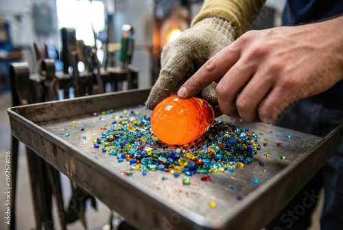 Artisan glassblower rolling a glowing hot orange piece of melted glass into colorful crushed glass frit on a metal table