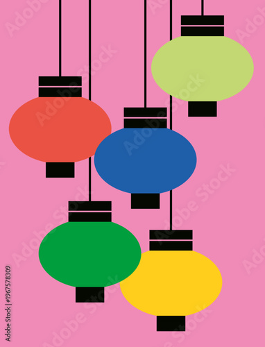 Five Colorful Lanterns on Pink Background