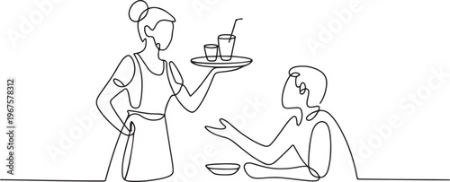 A waitress brings a tray of drinks to the customer. one line art icon drawing vector