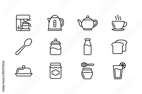 Coffee maker, kettle, teapot, cup with steam, spoon, sugar jar, milk bottle, toast slices, butter dish, jam jar, honey jar, orange