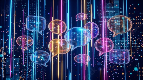 Abstract Digital Communication Network Featuring Luminous Chat Bubbles and Dynamic Data Streams for Global Connectivity and Information Exchange